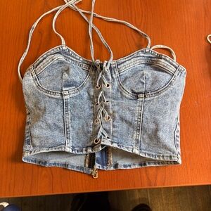 Denim Lace-Up Bustier Crop Top - Blue